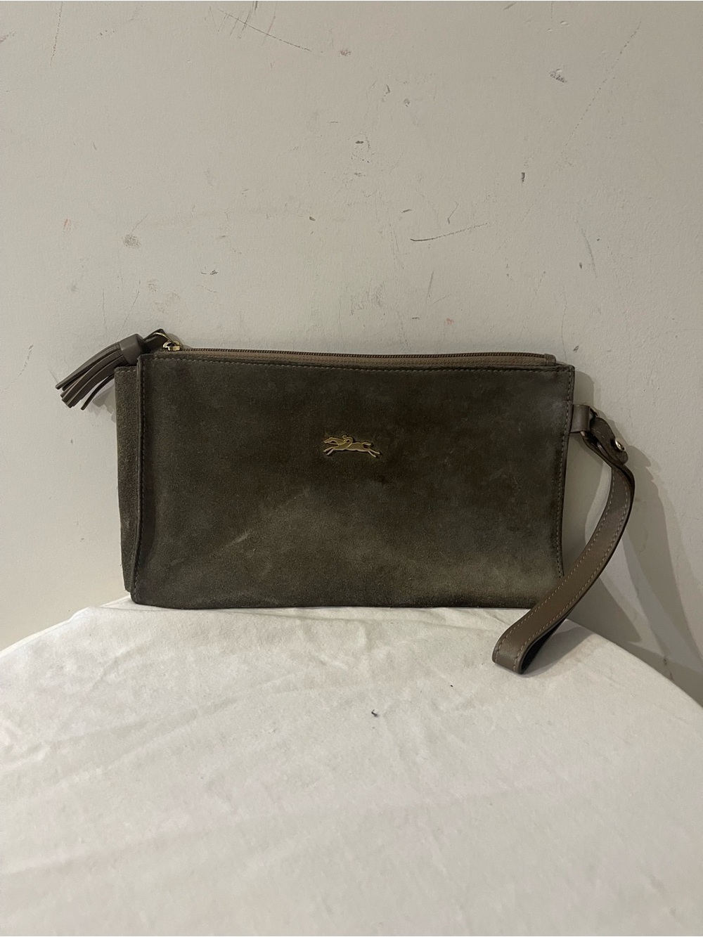 Longchamp Suede Wristlet Clutch with Gold Logo
